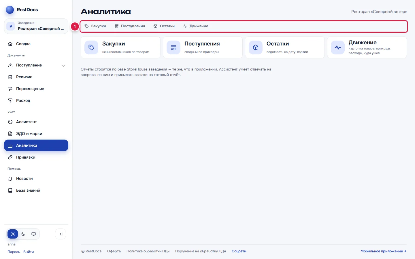 Товаровед видит только четыре отчёта своей роли (1)