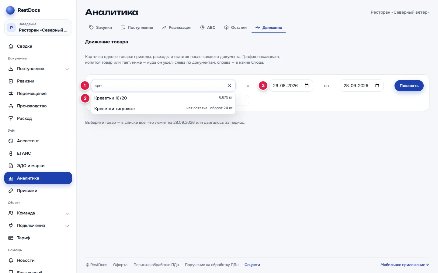 Выбор товара: поле поиска (1), подсказка с остатком (2), период (3)
