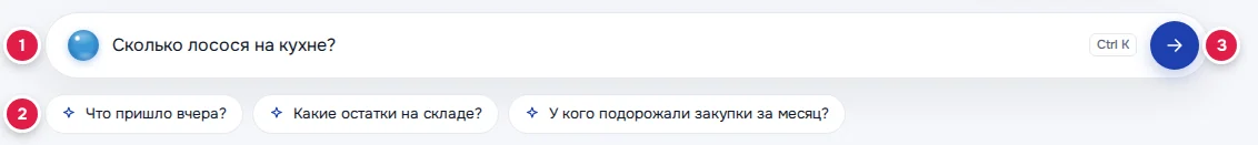Вопрос со «Сводки»: строка вопроса (1), готовые вопросы (2), кнопка со стрелкой (3)