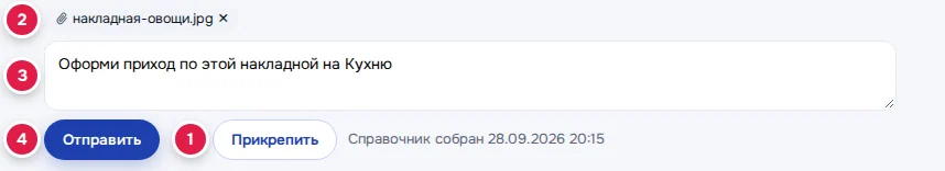 Файл прикреплён перед отправкой: «Прикрепить» (1), файл (2), текст просьбы (3), «Отправить» (4)