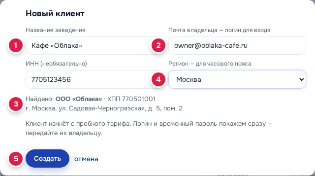 Форма «Новый клиент»: название (1), почта-логин (2), реквизиты, найденные по ИНН (3), регион (4), «Создать» (5)