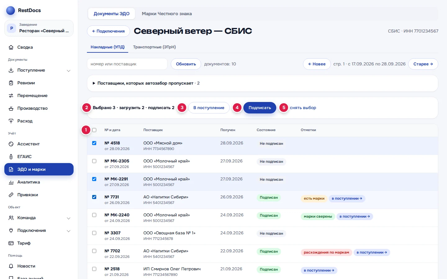 Выбор галочками: «выбрать все» (1), панель «Выбрано 3 · загрузить 2 · подписать 2» (2), «В поступление» (3), «Подписать» (4), «снять выбор» (5)