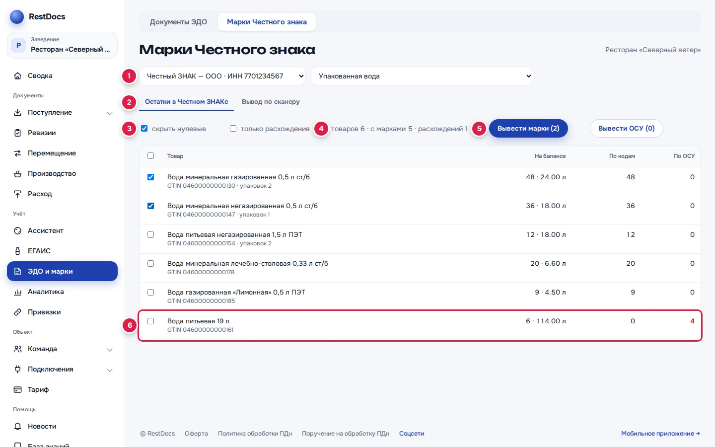Остатки: подключение и товарная группа (1), вкладки (2), фильтры (3), сводка (4), кнопка «Вывести марки (2)» (5) и рядом «Вывести ОСУ (0)», расхождение в колонке «По ОСУ» (6)