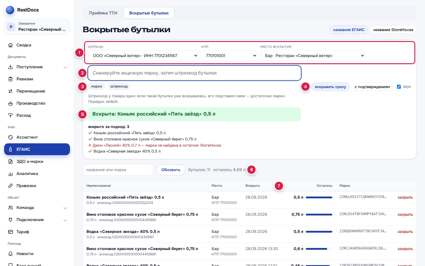 Вскрытые бутылки: юрлицо, КПП и место вскрытия (1), поле сканера (2), метки «марка» и «штрихкод» (3), режим и звук (4), результат и лента «вскрыто за подход» (5), счётчик и поиск (6), колонка «Осталось» (7); ссылки «закрыть» — справа в строках