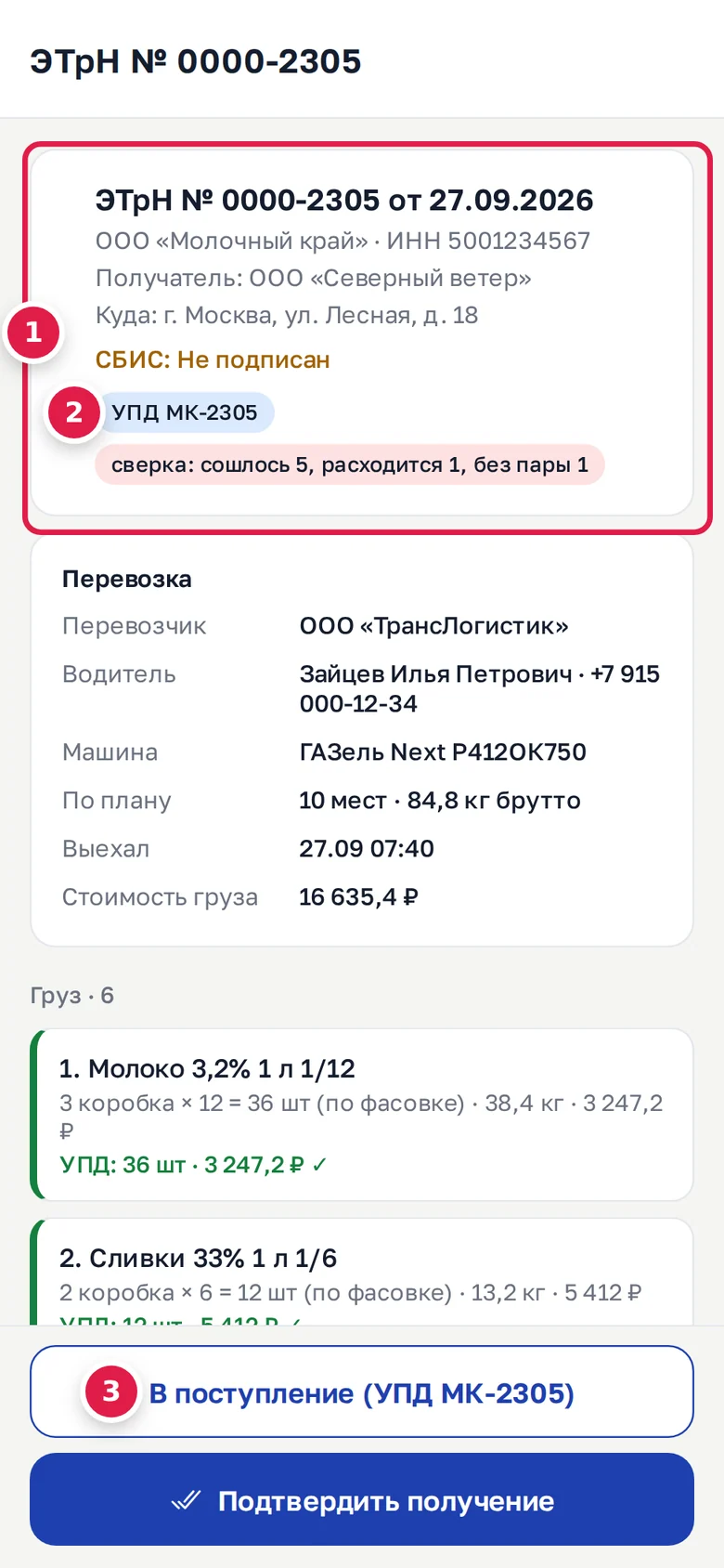 Карточка ЭТрН в телефоне: реквизиты и состояние в СБИС (1), отметки УПД и сверки (2), кнопки загрузки и подтверждения получения (3)