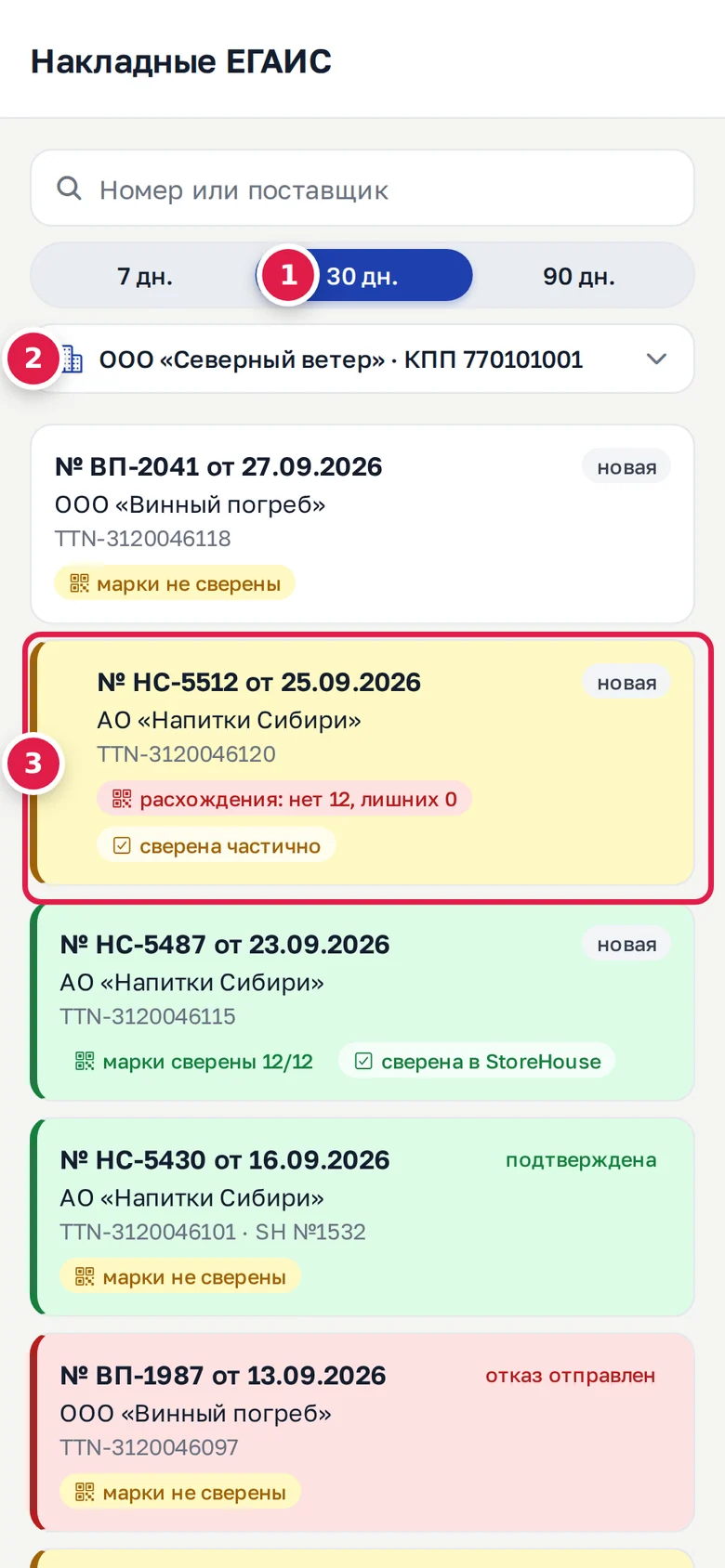 Накладные ЕГАИС в телефоне: период (1), выбор «юрлицо · КПП» (2), карточка ТТН со статусом и сверкой (3)