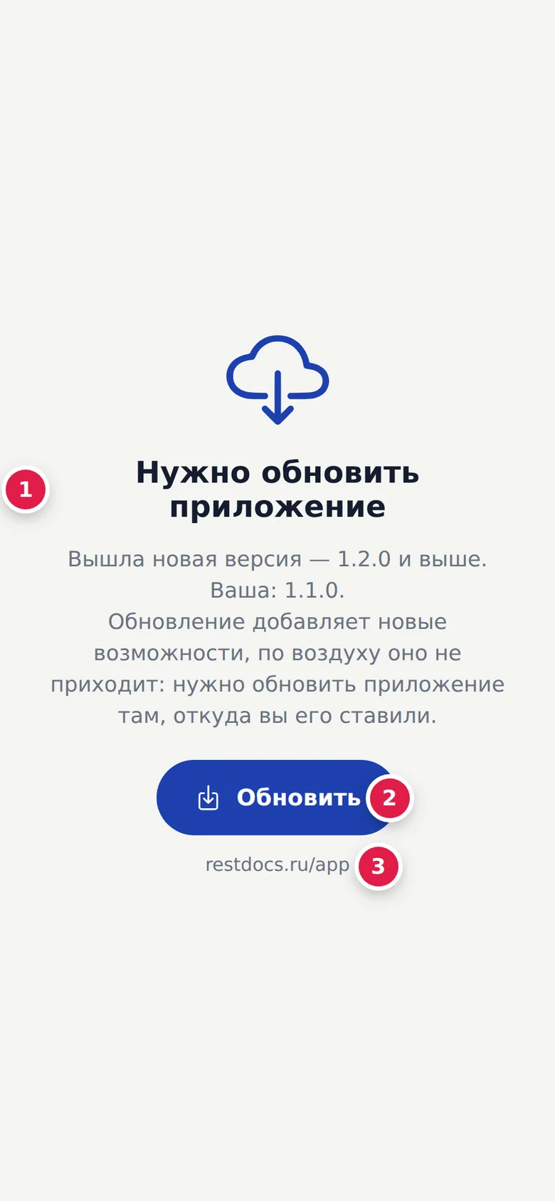 Экран «Нужно обновить приложение» (1): нужна версия 1.2.0 и выше, ваша — 1.1.0; кнопка «Обновить» (2), адрес, куда она ведёт (3)