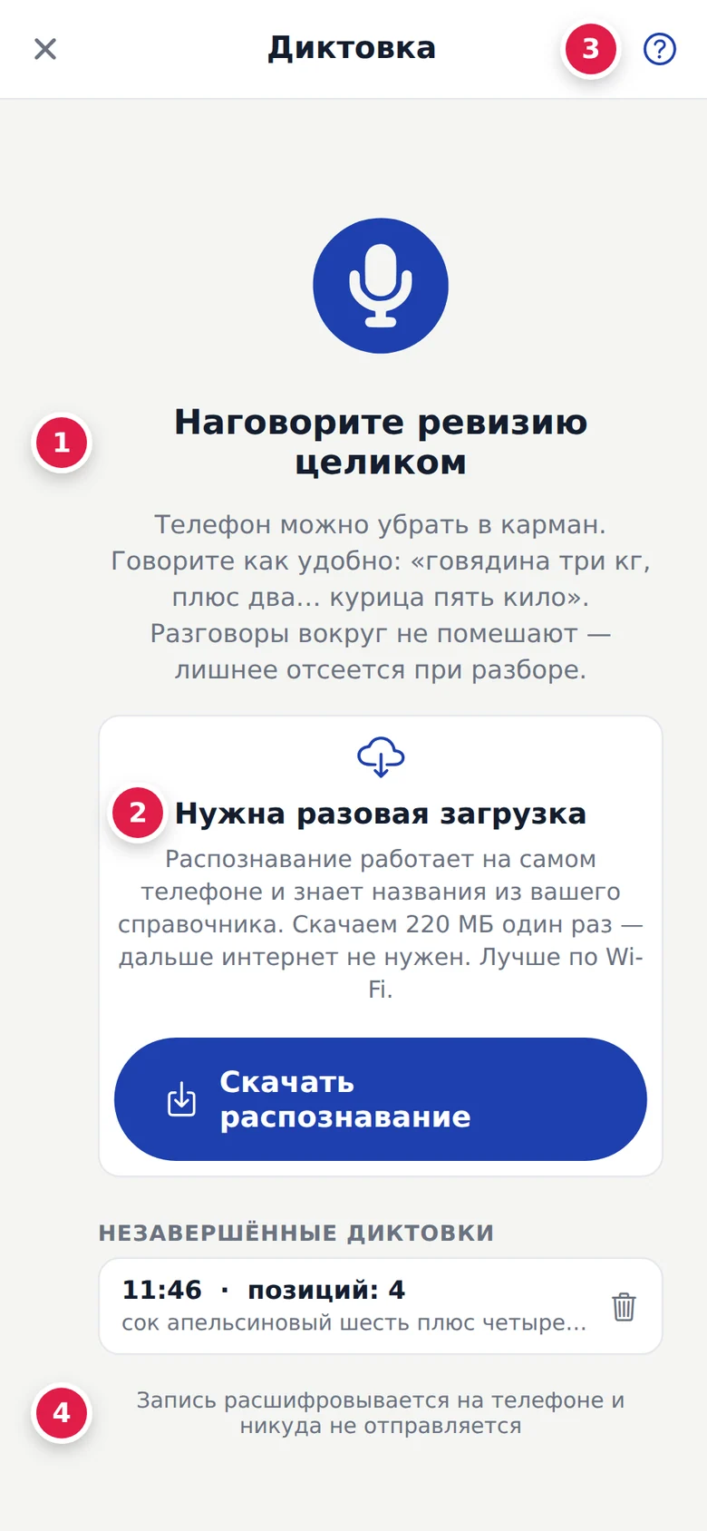 Телефон, диктовка: «Наговорите ревизию целиком» и подсказка (1), блок «Нужна разовая загрузка» с кнопкой «Скачать распознавание» — после загрузки на его месте «Начать запись» (2), «?» — памятка (3), «Запись расшифровывается на телефоне и никуда не отправляется» (4)