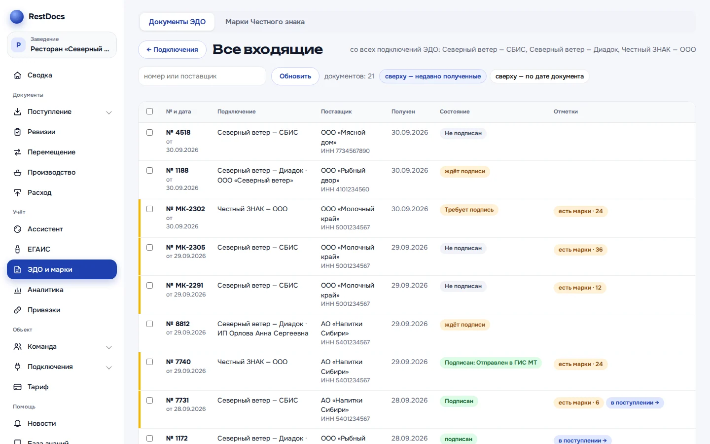 Общий список входящих со всех подключений ЭДО