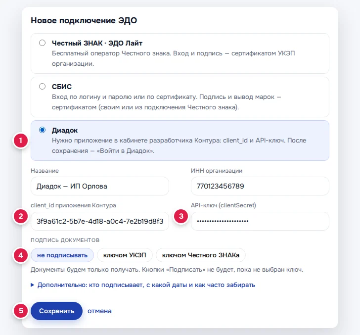 Новое подключение Диадока: оператор (1), client_id (2), API-ключ (3), «Подпись документов» (4), «Сохранить» (5)