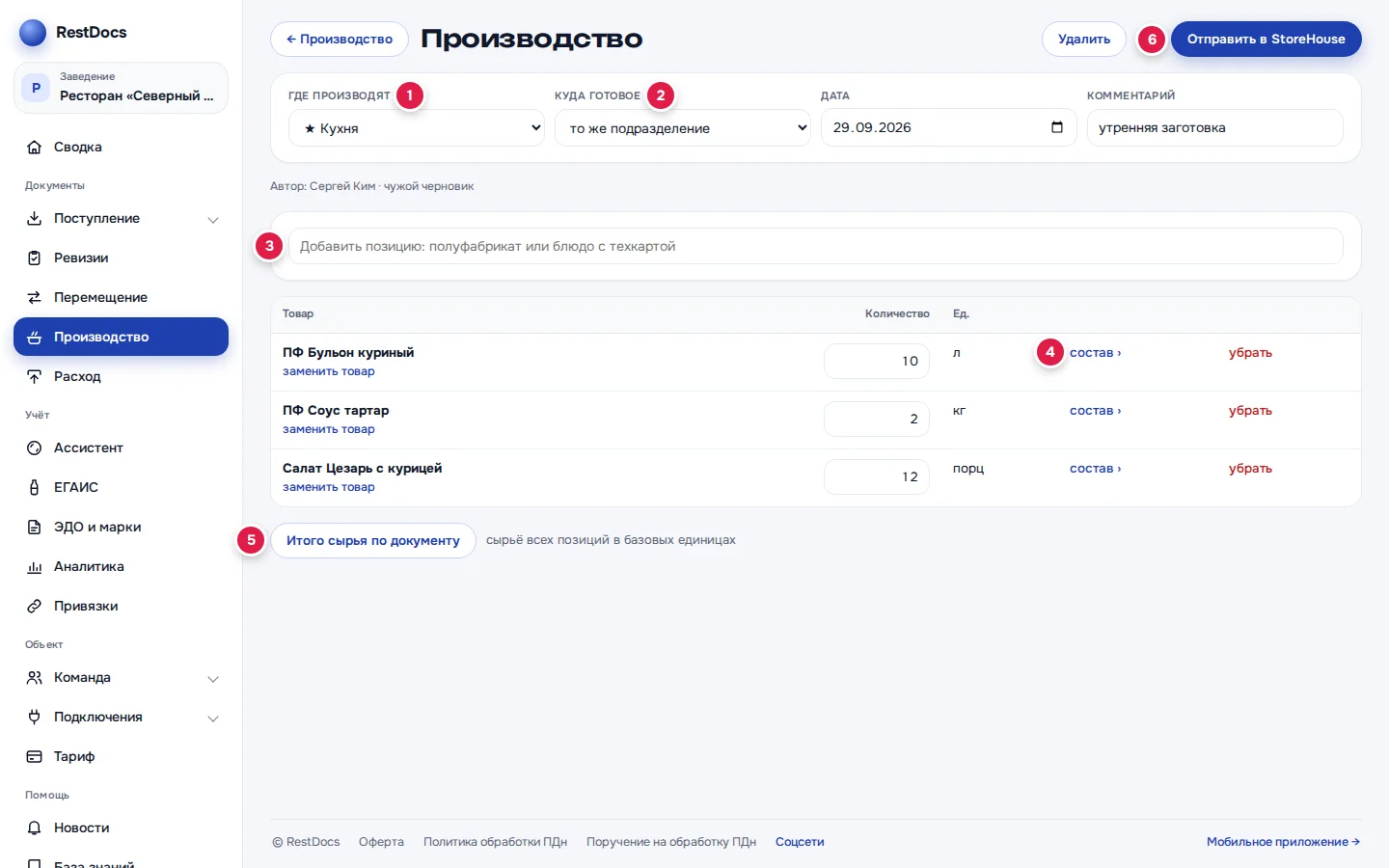 Черновик производства: «Где производят» (1), «Куда готовое» — по умолчанию «то же подразделение» (2), строка поиска ПФ и блюд (3), «состав ›» у строки (4), кнопка «Итого сырья по документу» (5), «Отправить в StoreHouse» (6)